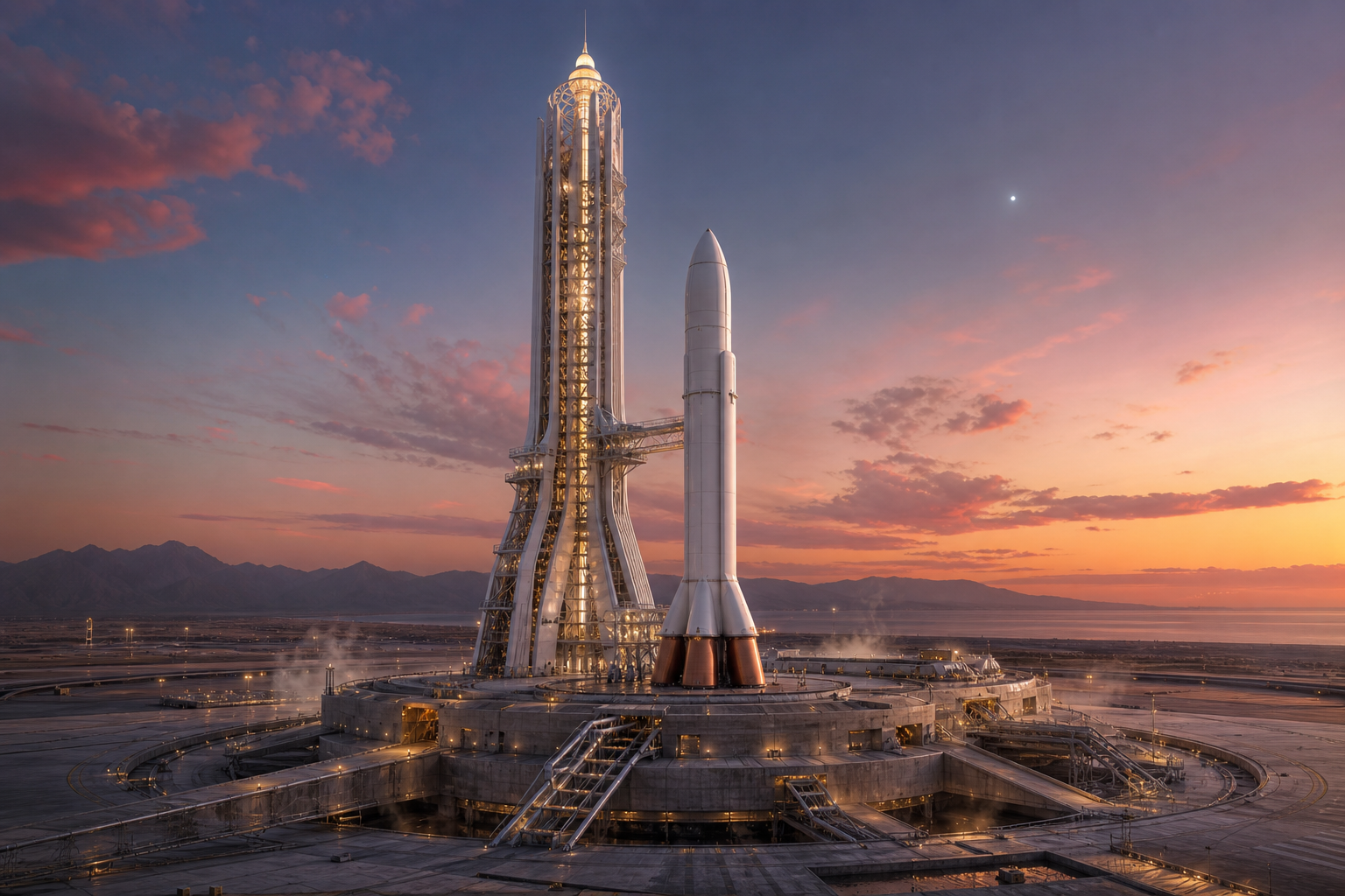The Dreambase launch tower and pad at twilight