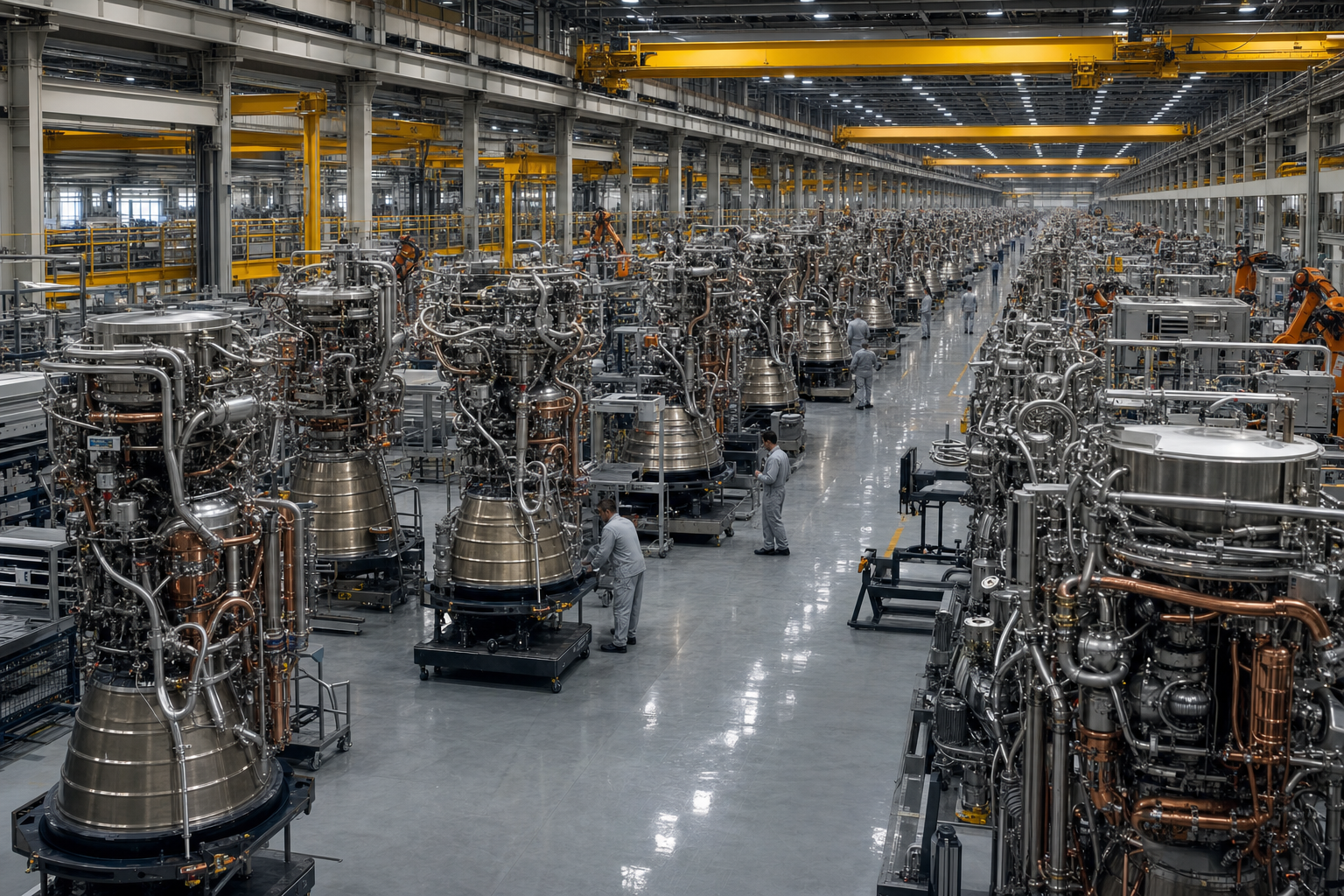 Engine factory floor with rows of rocket engines