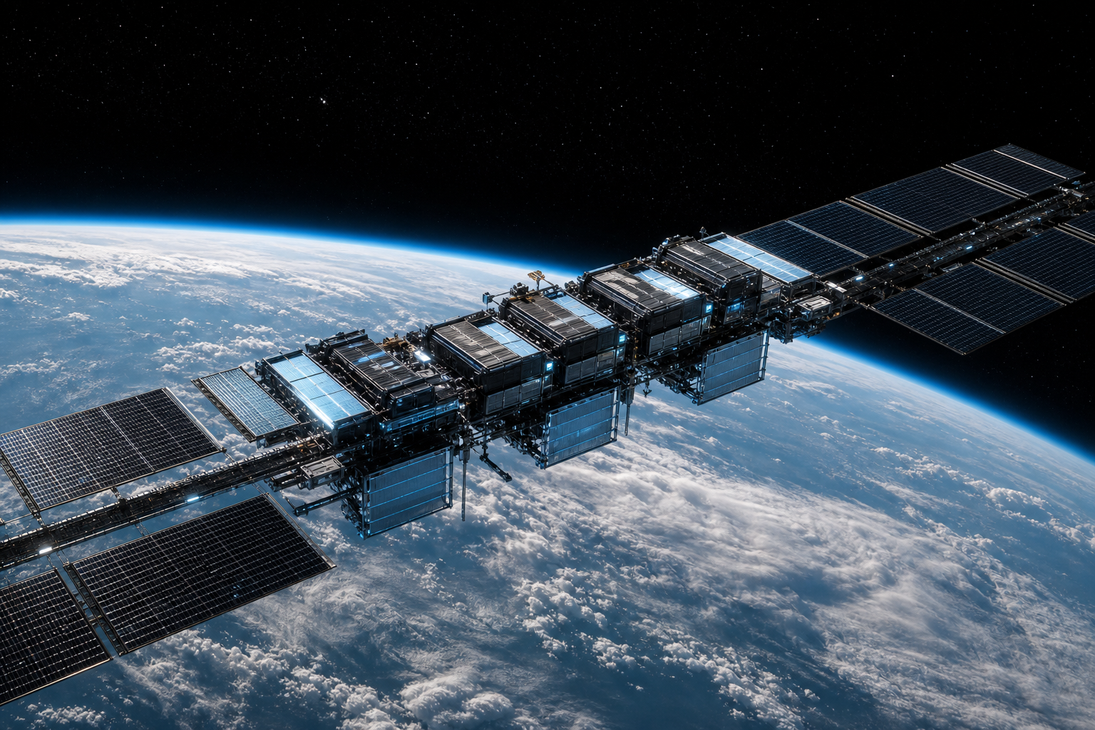 An orbital DreamCloud data center module with extended solar arrays above Earth