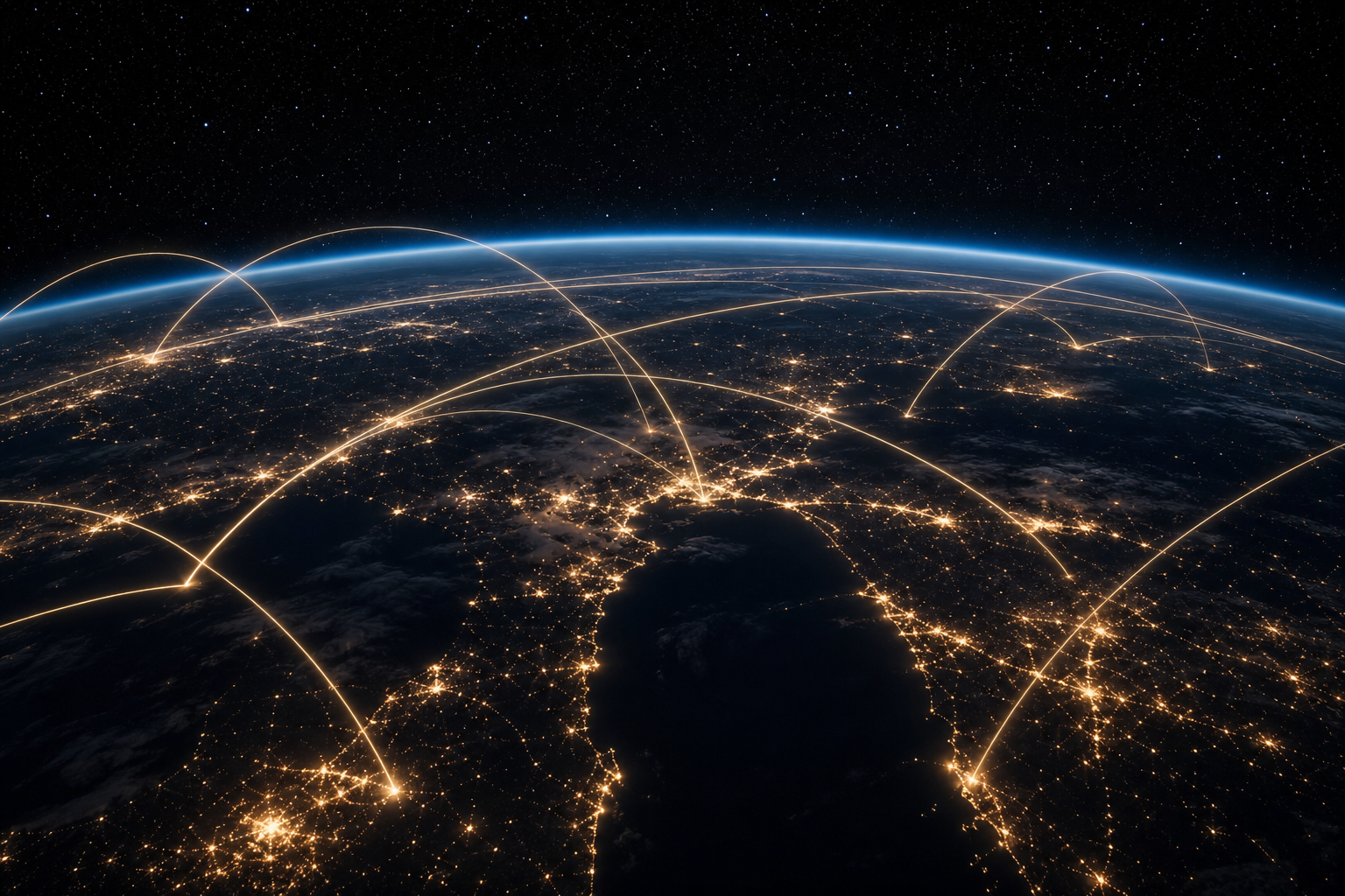 Dreamlink constellation arcs glowing over Earth at night
