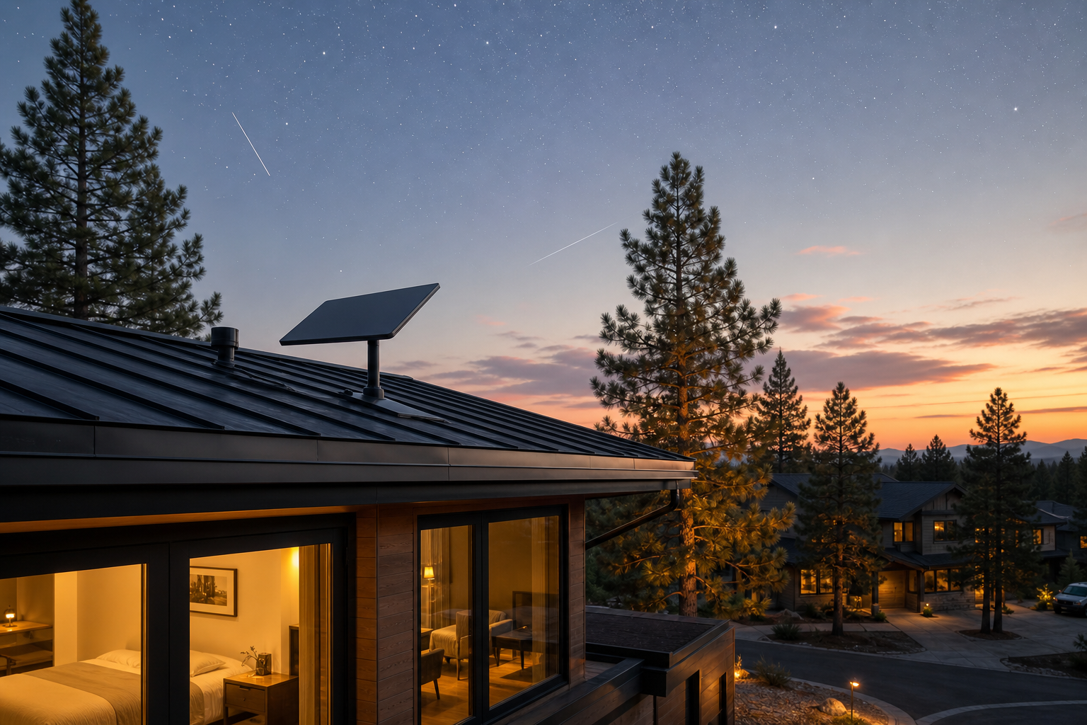 Dreamlink home terminal mounted on a suburban roof at dusk