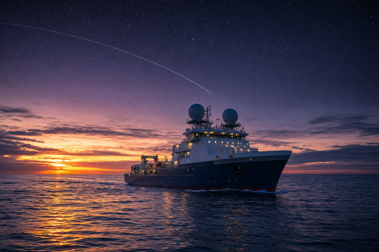 A commercial ship at sea with Dreamlink satellite antennas