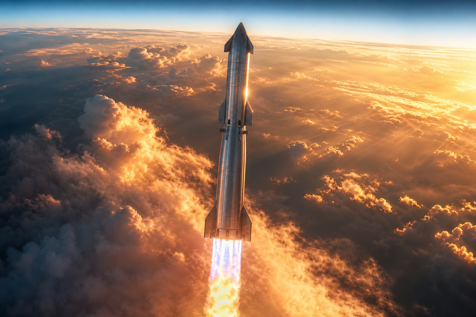 DreamShip ascending through golden clouds