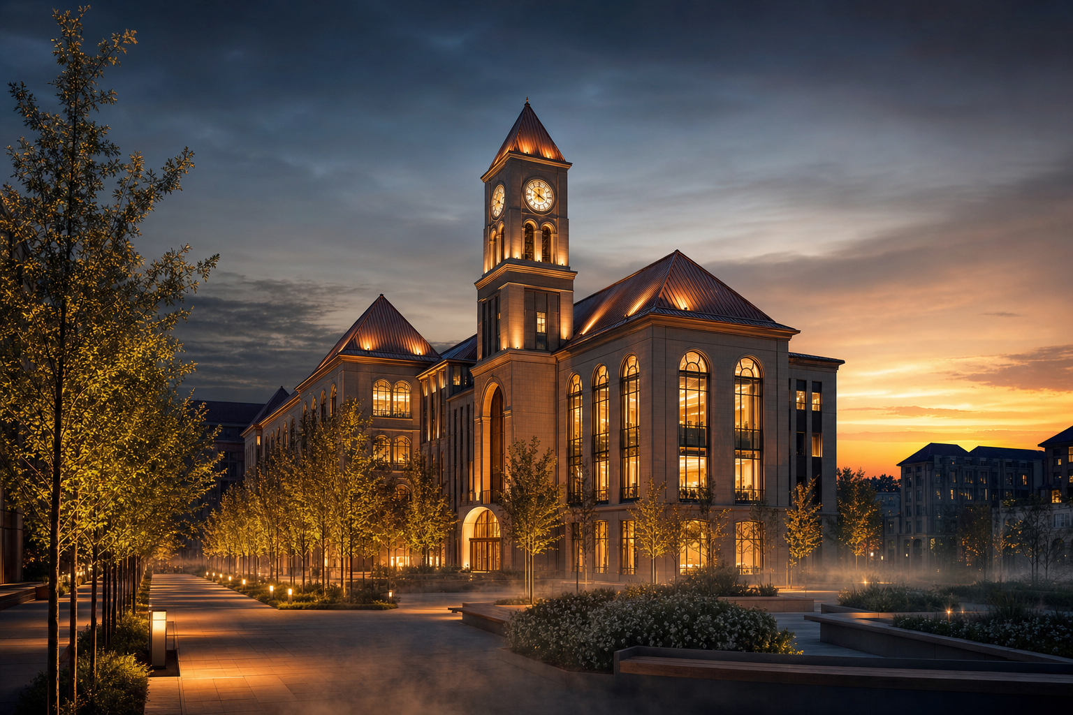 DreamSchool Academy on the ARAZAS Campus at dusk