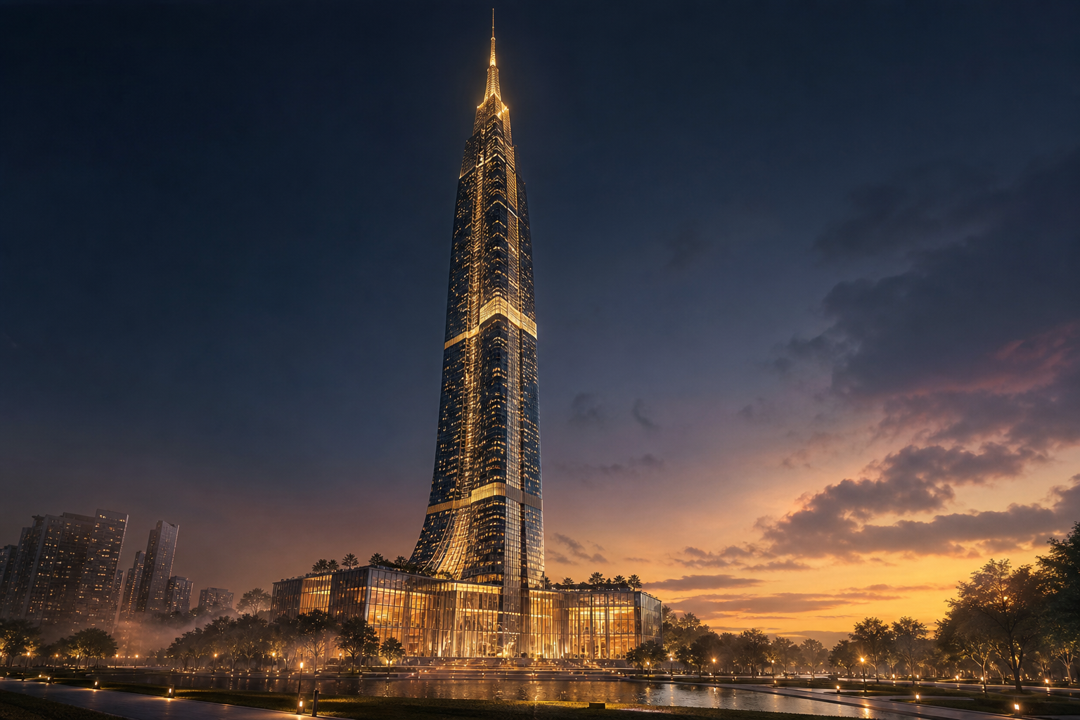 Architectural render of the Dreamaplex tower at dusk